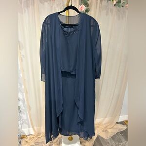 Navy Blue Beaded Chiffon Dress w/ Detachable Jacket – Size 16 | NWT